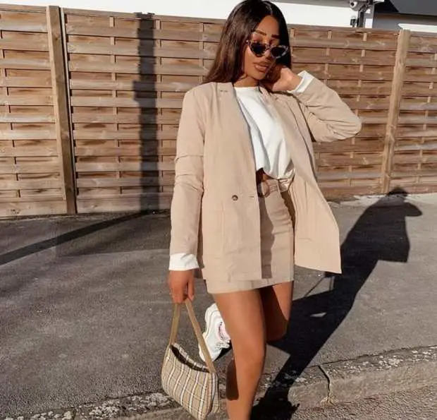 oversized jacket and mini skirt