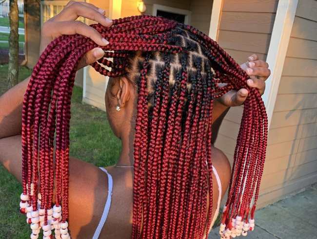 red knotless braid with bead-africana fashion